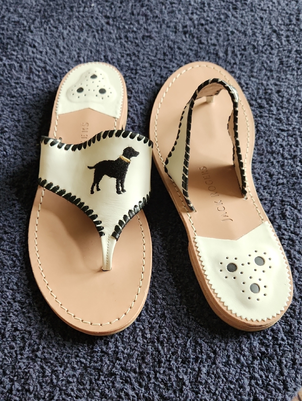 Jack Rogers Embroidered Black Lab Sandals - White Leather Sz 11
